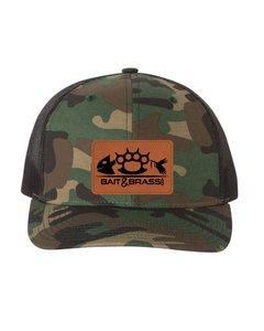 Army Camo/Black Leather Patch Trucker Hat