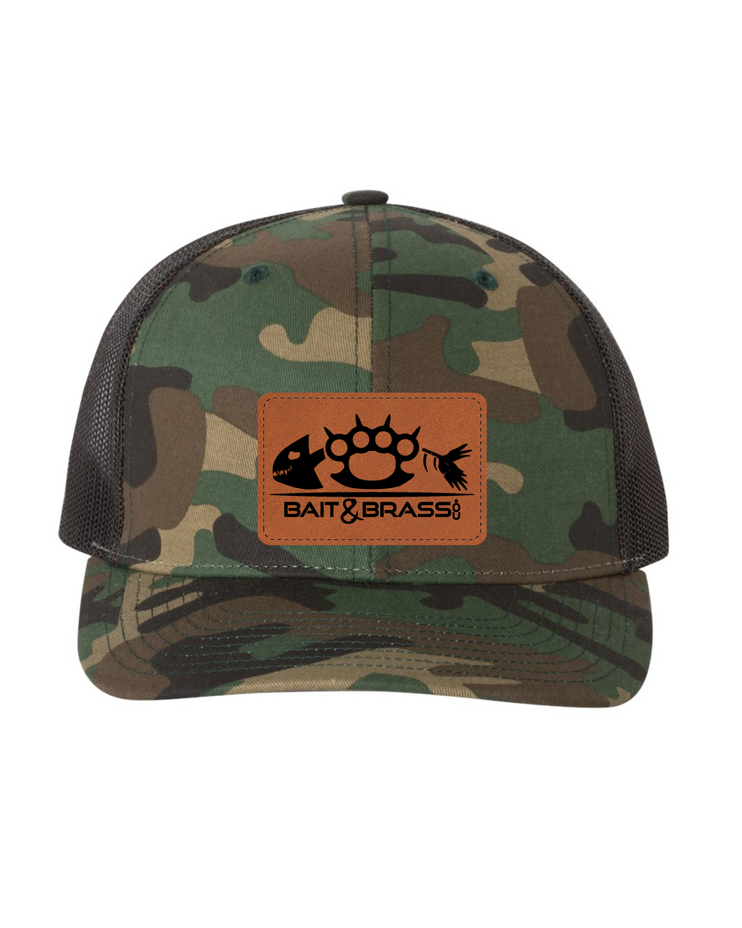 Army Camo/Black Leather Patch Trucker Hat