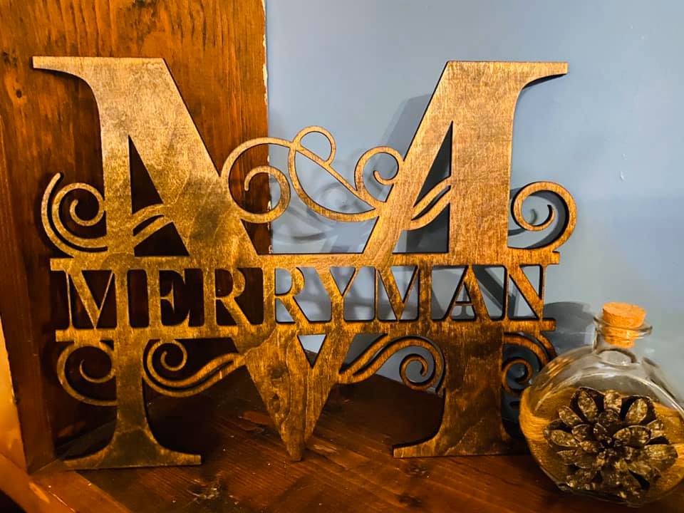 Split Letter Monogram Swirl Engraved Wood Decor