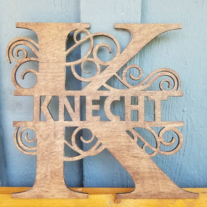 Split Letter Monogram Swirl Engraved Wood Decor